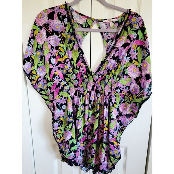 Victoria's Secret XS Fringe Balls Tip Shirt Plunging Neck Multicolor Keyhole Bck - Picture 1 of 8